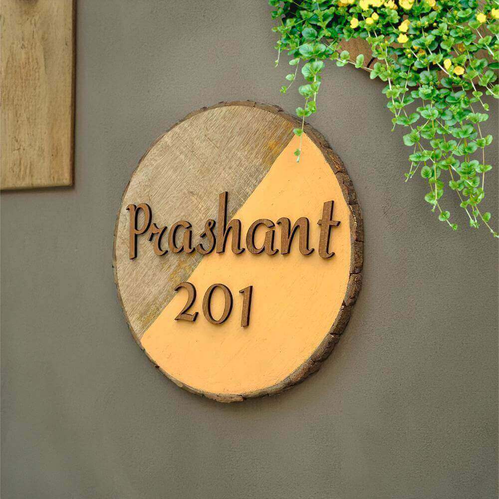 Modern Minimal Handcrafted Nameplate -Wood N Ocher - rangreli