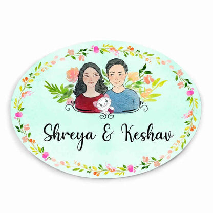 Handpainted Customized Name Plate - Couple with cat Name Plate - rangreli