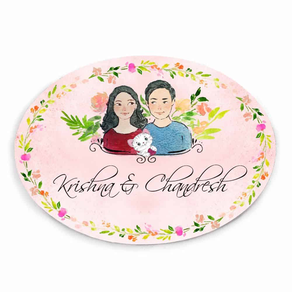 Handpainted Customized Name Plate - Couple with cat Name Plate - rangreli