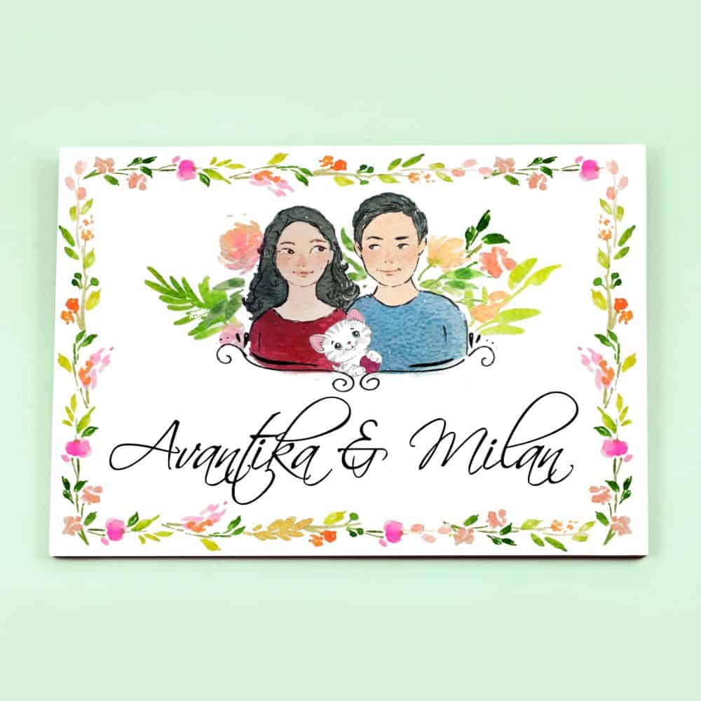 Handpainted Customized Name Plate - Couple with cat Name Plate - rangreli