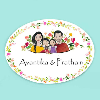 Handpainted Customized Name Plate - Family with two daughters Name Plate - rangreli