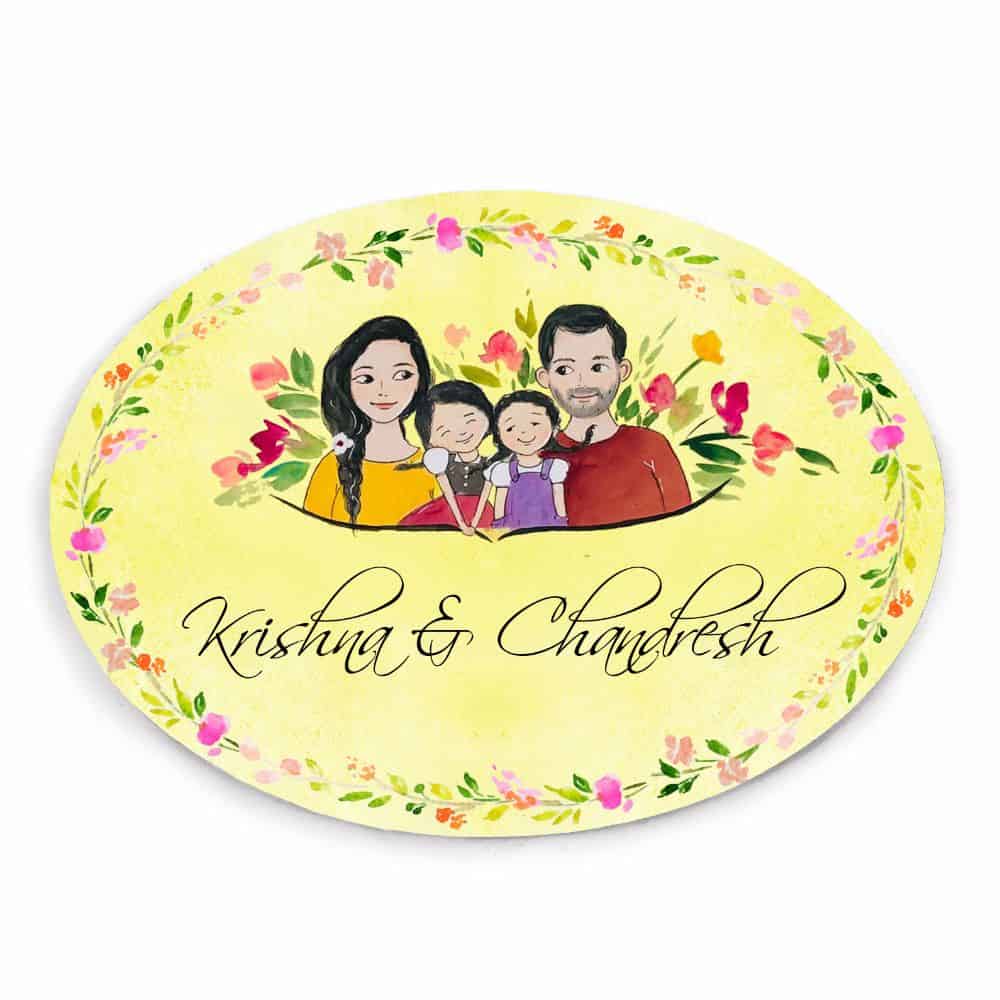 Handpainted Customized Name Plate - Family with two daughters Name Plate - rangreli