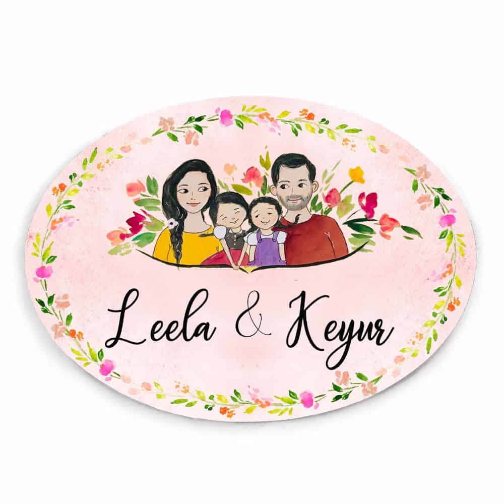 Handpainted Customized Name Plate - Family with two daughters Name Plate - rangreli