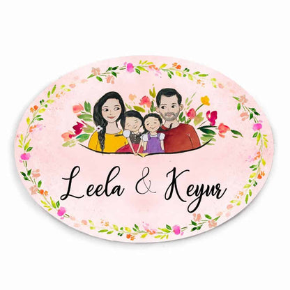 Handpainted Customized Name Plate - Family with two daughters Name Plate - rangreli