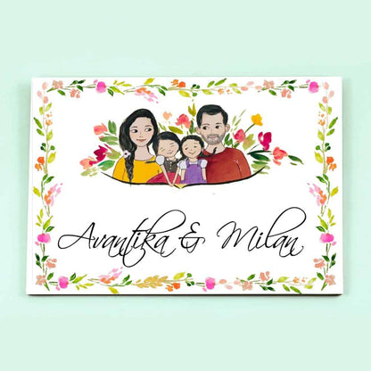 Handpainted Customized Name Plate - Family with two daughters Name Plate - rangreli