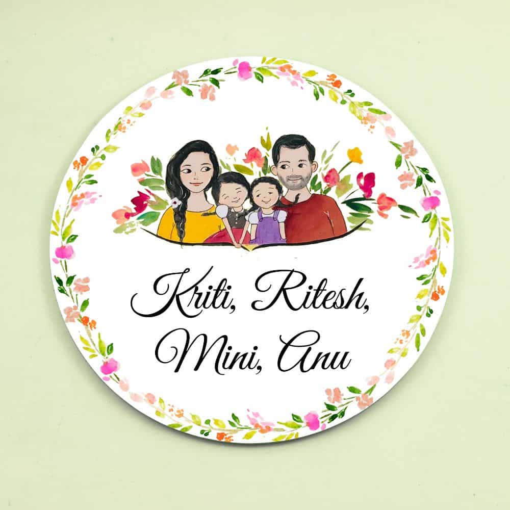 Handpainted Customized Name Plate - Family with two daughters Name Plate - rangreli