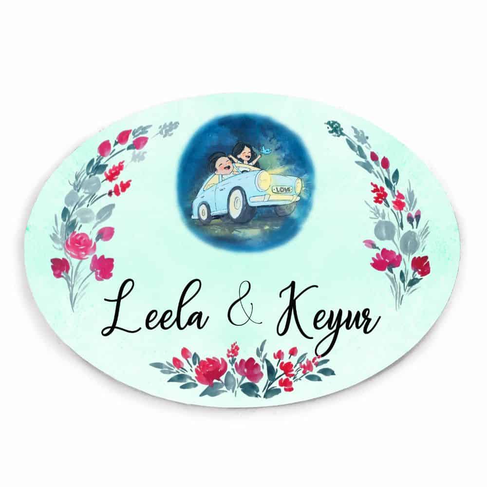 Handpainted Customized Name Plate - Couple in car Name Plate - rangreli