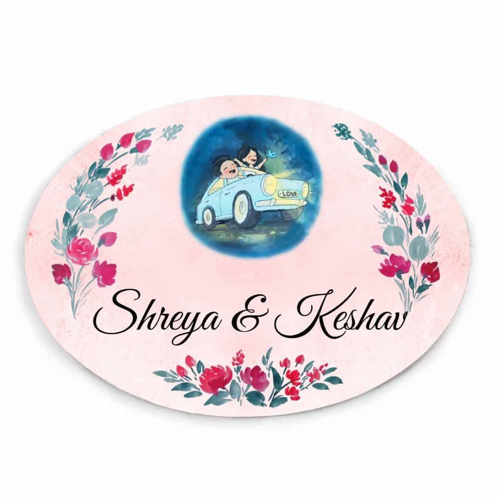 Handpainted Customized Name Plate - Couple in car Name Plate - rangreli