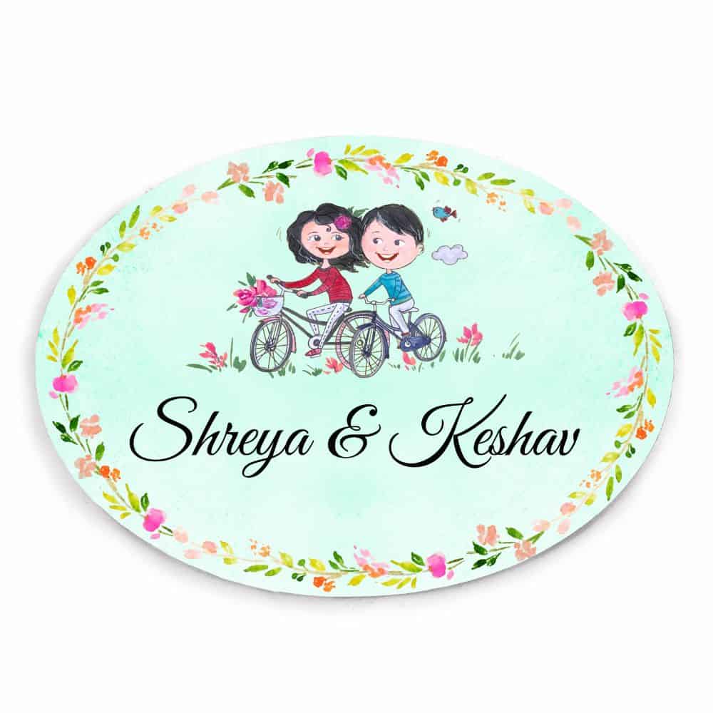 Handpainted Customized Name Plate - Couple on cycle Name Plate - rangreli