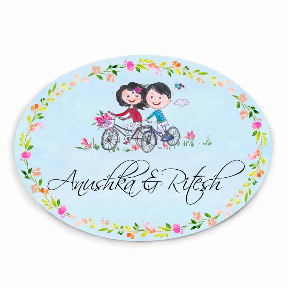 Handpainted Customized Name Plate - Couple on cycle Name Plate - rangreli