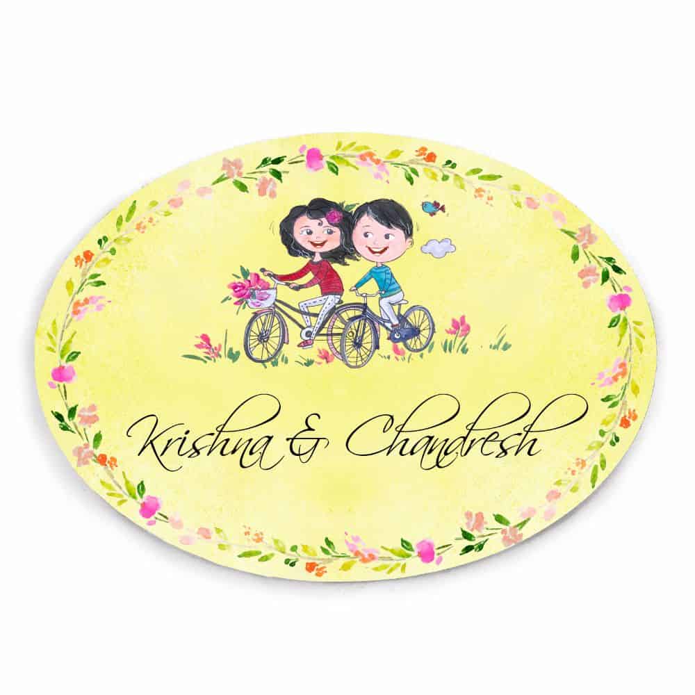 Handpainted Customized Name Plate - Couple on cycle Name Plate - rangreli