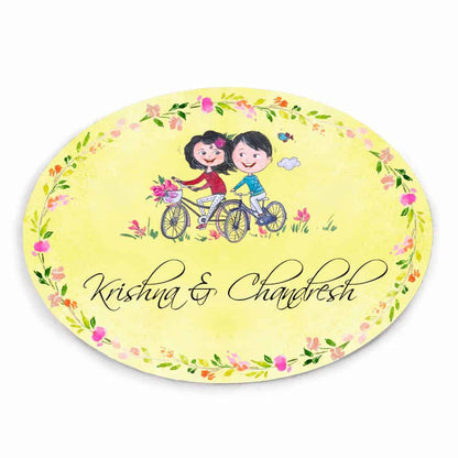 Handpainted Customized Name Plate - Couple on cycle Name Plate - rangreli