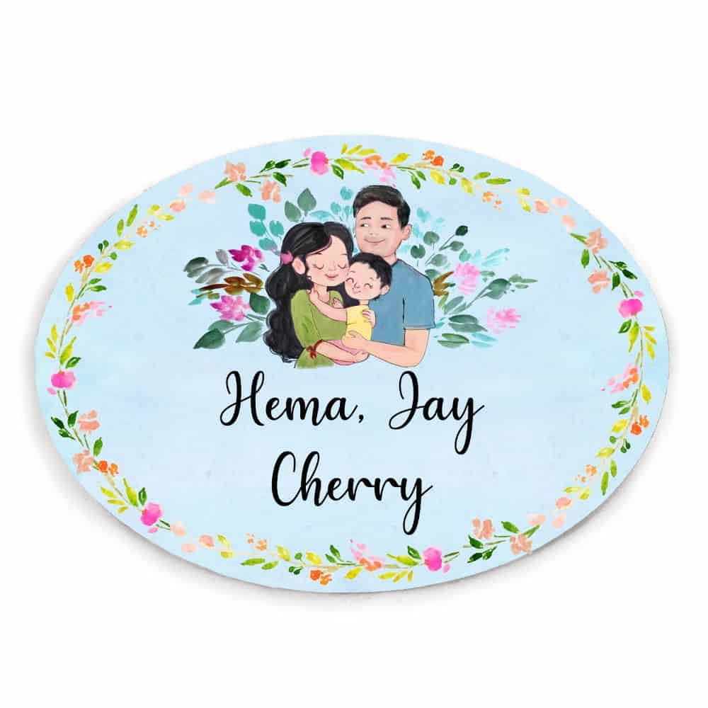 Handpainted Customized Name plate -Couple with Baby Boy Name Plate - rangreli