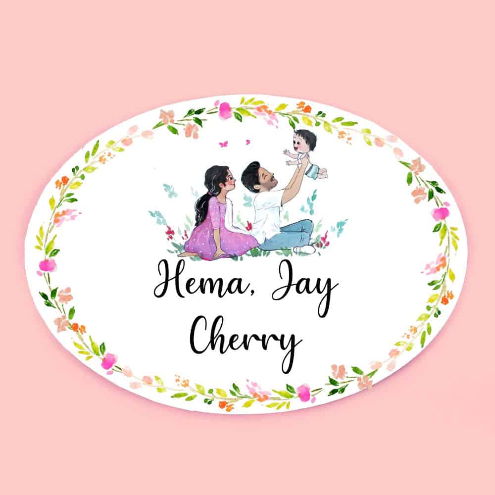 Handpainted Customized Name Plate - Family of 3 playing - rangreli