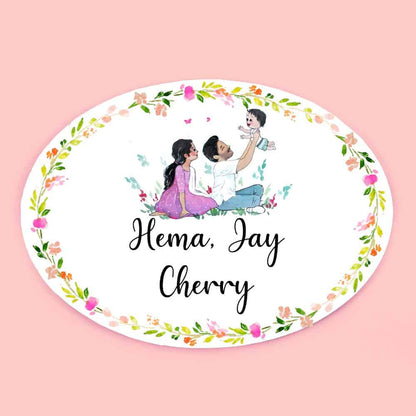 Handpainted Customized Name Plate - Family of 3 playing - rangreli