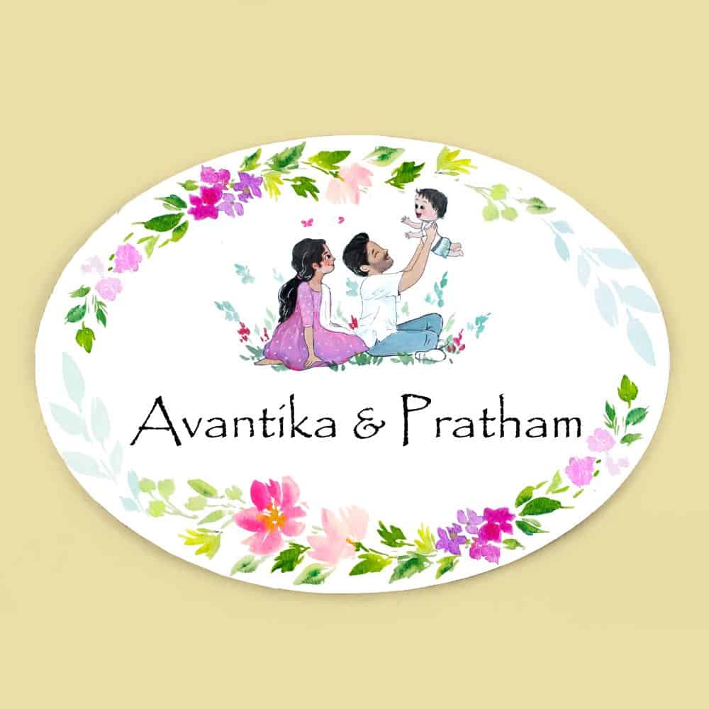 Handpainted Customized Name Plate - Family of 3 playing - rangreli