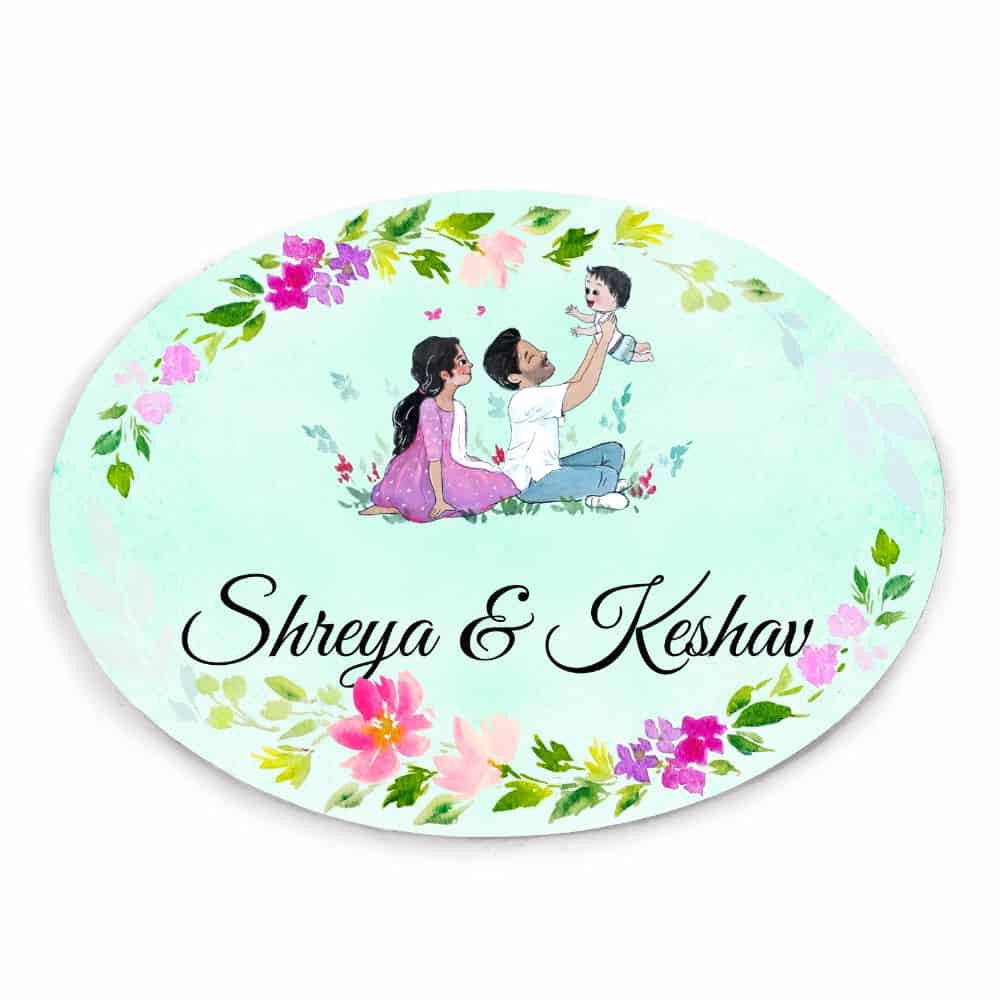 Handpainted Customized Name Plate - Family of 3 playing - rangreli