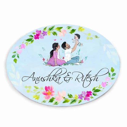 Handpainted Customized Name Plate - Family of 3 playing - rangreli