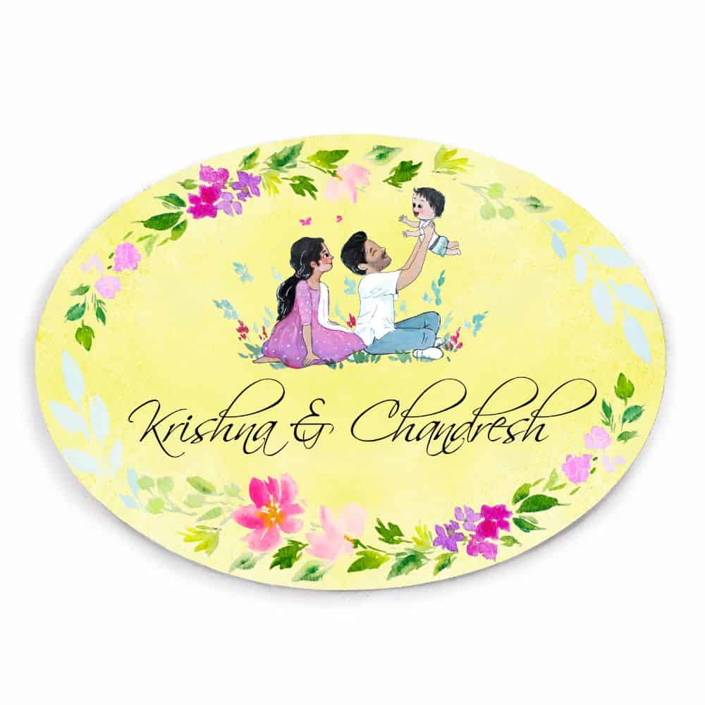 Handpainted Customized Name Plate - Family of 3 playing - rangreli