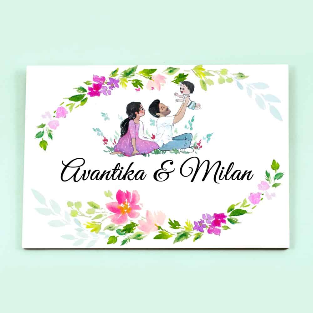 Handpainted Customized Name Plate - Family of 3 playing - rangreli