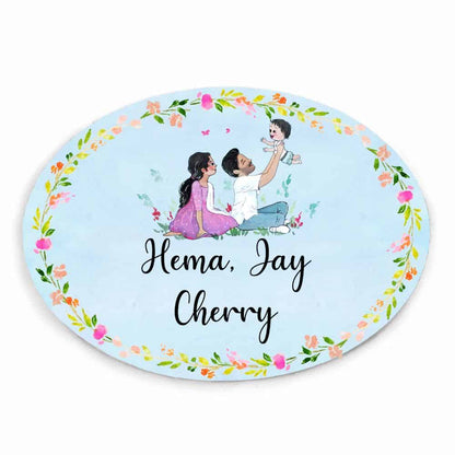 Handpainted Customized Name Plate - Family of 3 playing - rangreli