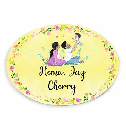 Handpainted Customized Name Plate - Family of 3 playing - rangreli