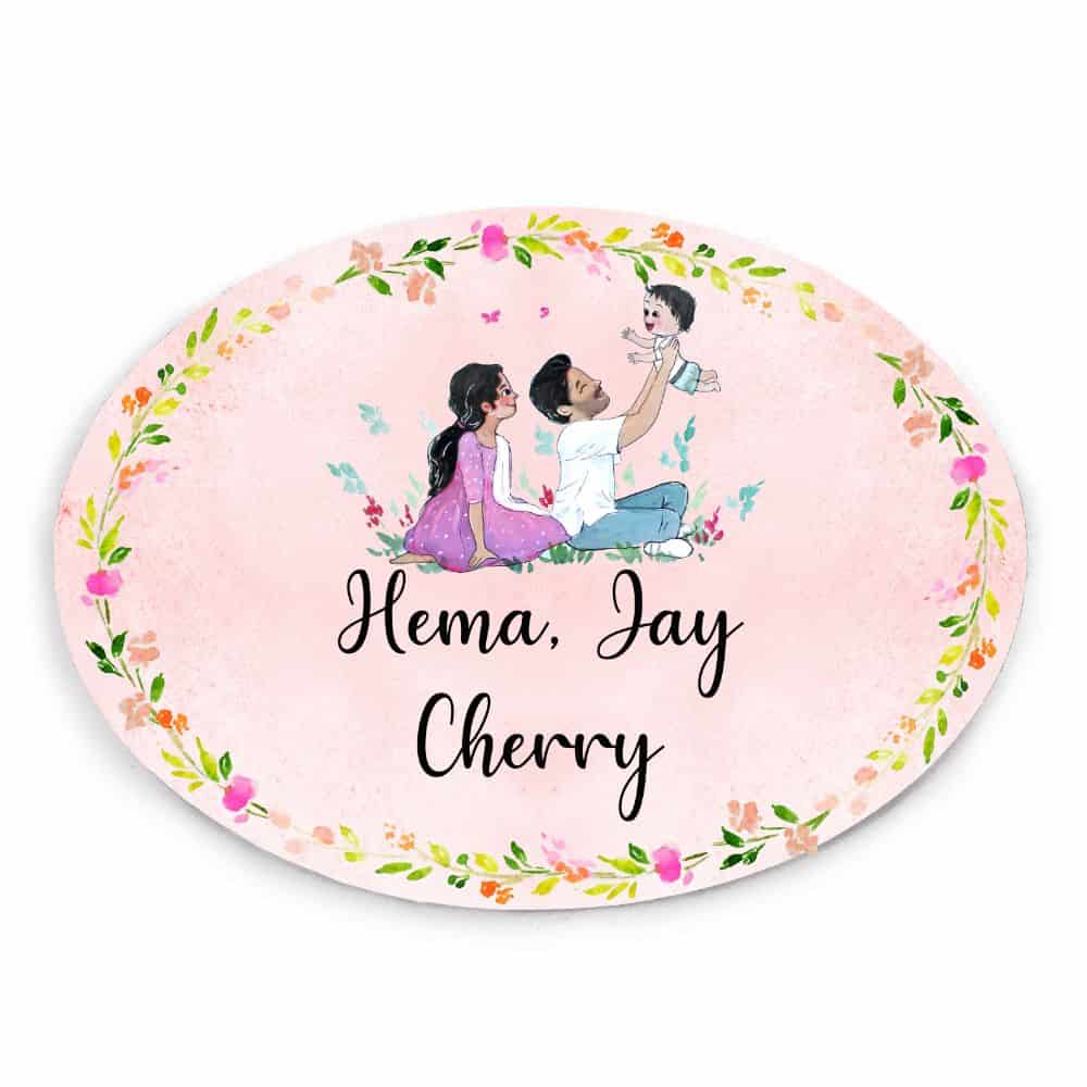 Handpainted Customized Name Plate - Family of 3 playing - rangreli