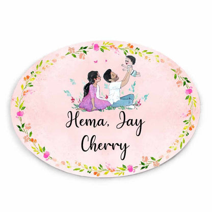 Handpainted Customized Name Plate - Family of 3 playing - rangreli