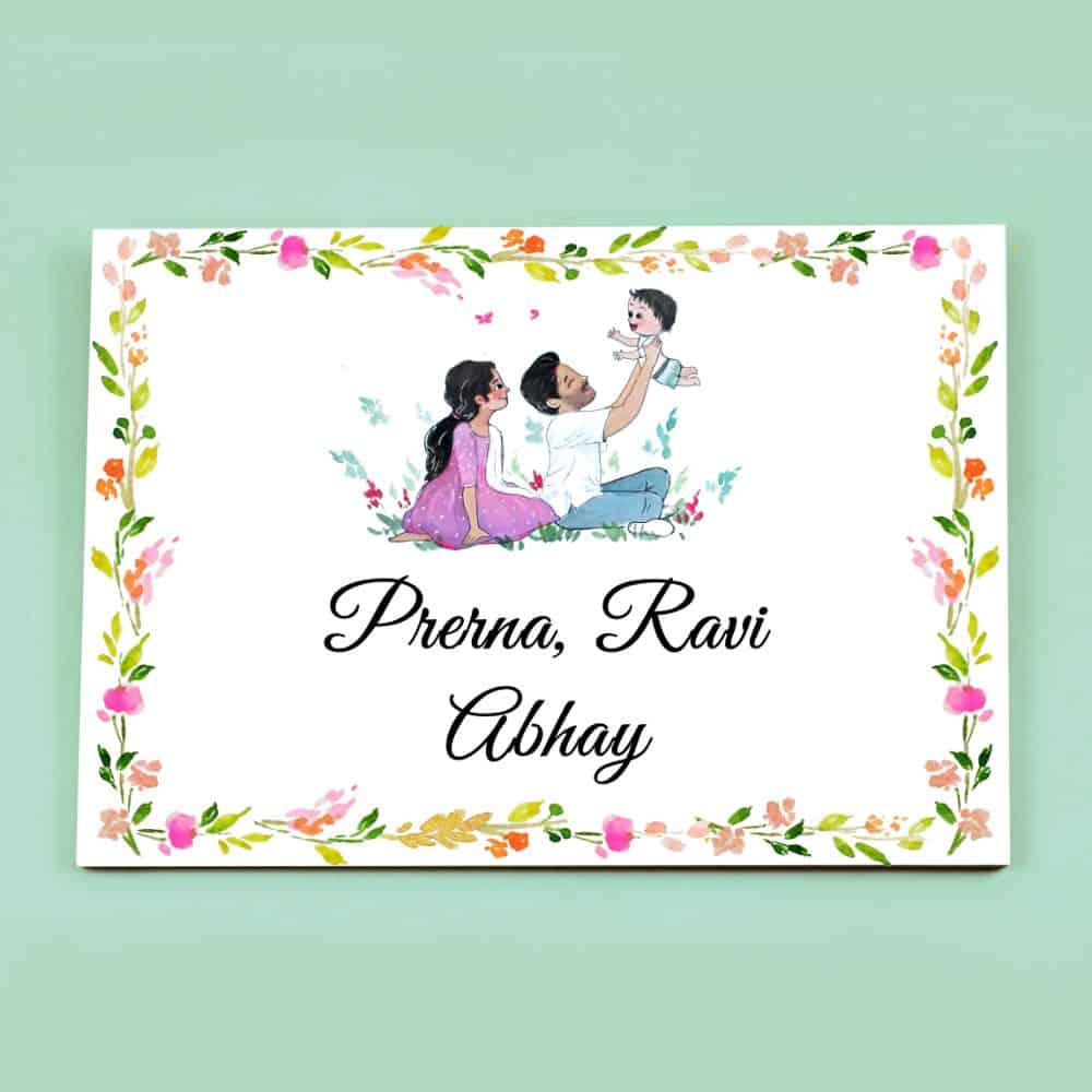 Handpainted Customized Name Plate - Family of 3 playing - rangreli