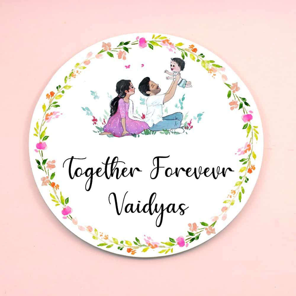 Handpainted Customized Name Plate - Family of 3 playing - rangreli