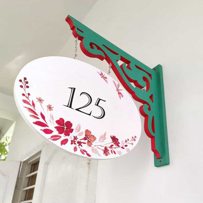 Handpainted Hanging Name plate - Green Oval White Red Flowers - rangreli