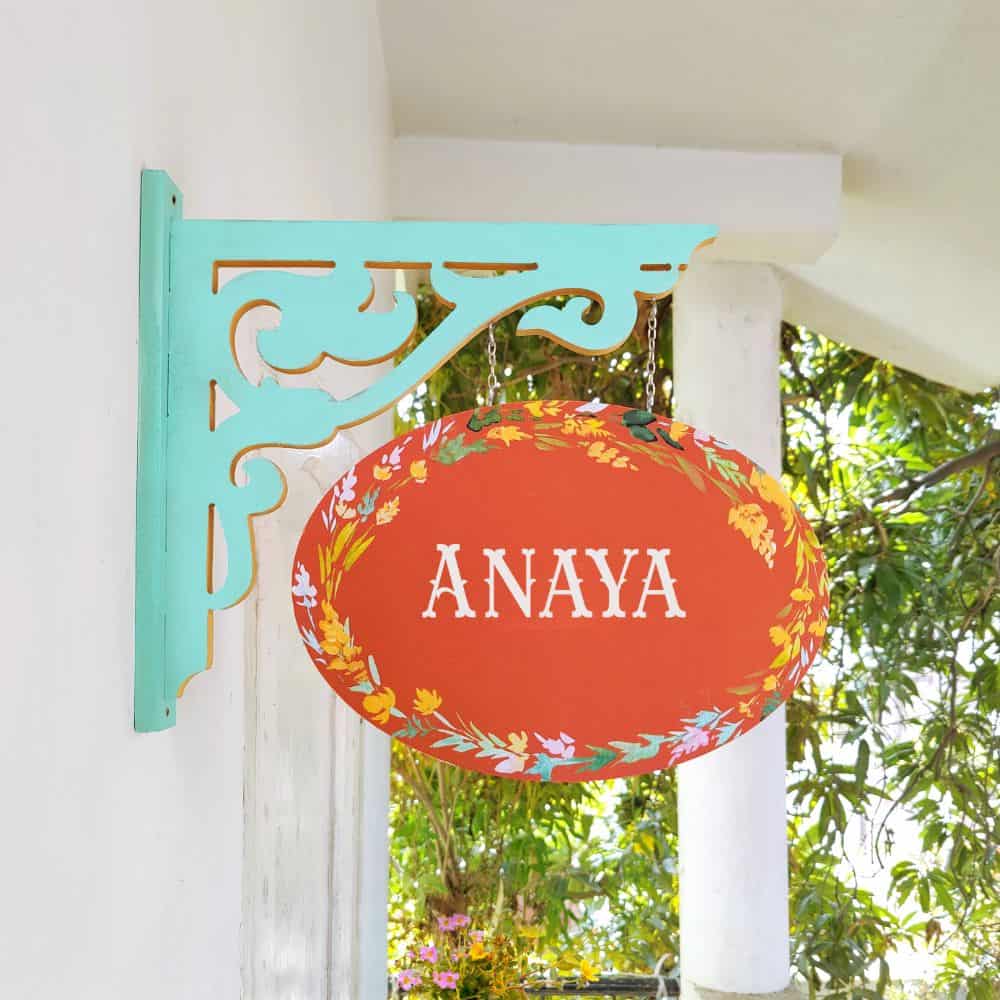 Handpainted Hanging Name plate - Teal Oval Orange Leaves - rangreli