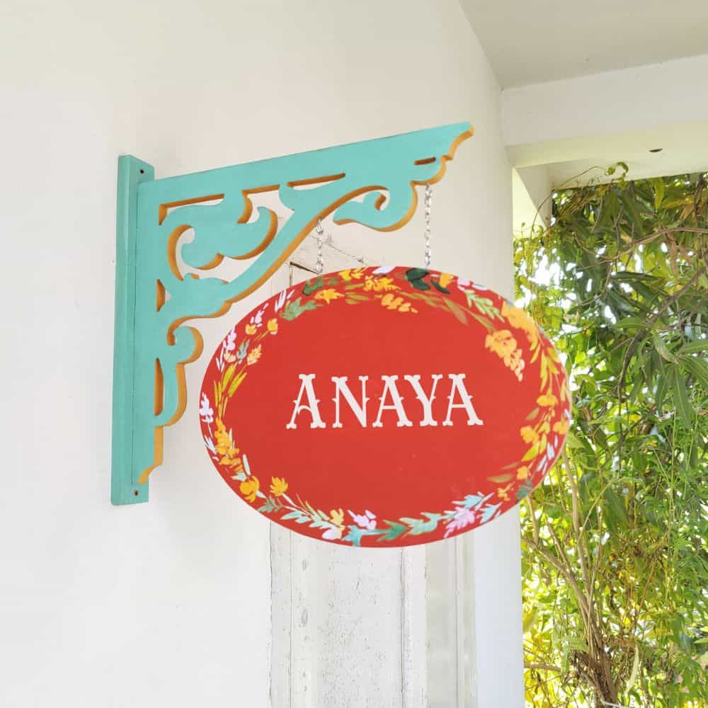 Handpainted Hanging Name plate - Teal Oval Orange Leaves - rangreli