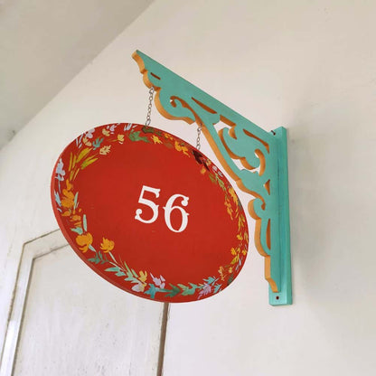 Handpainted Hanging Name plate - Teal Oval Orange Leaves - rangreli