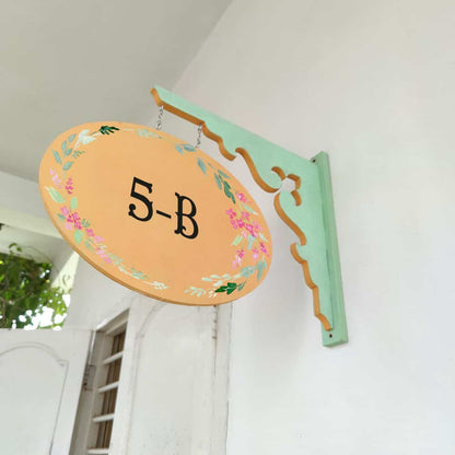 Handpainted Hanging Name plate - Mint Green Oval Yellow - rangreli