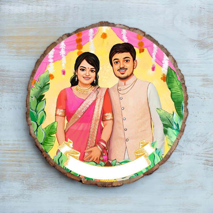 Handpainted Personalized Illustration Bark Nameplate - Wedding Couple - rangreli