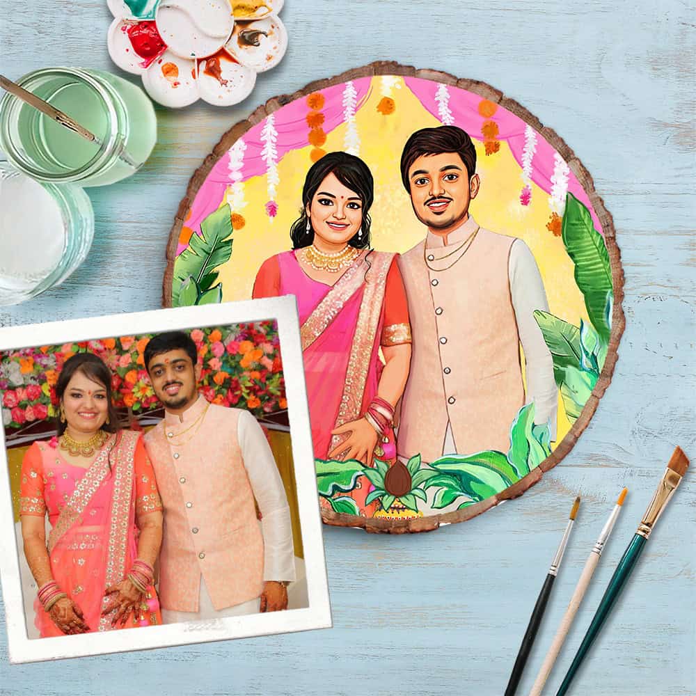 Handpainted Personalized Illustration Bark Nameplate - Wedding Couple - rangreli