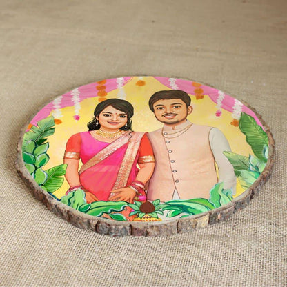 Handpainted Personalized Illustration Bark Nameplate - Wedding Couple - rangreli