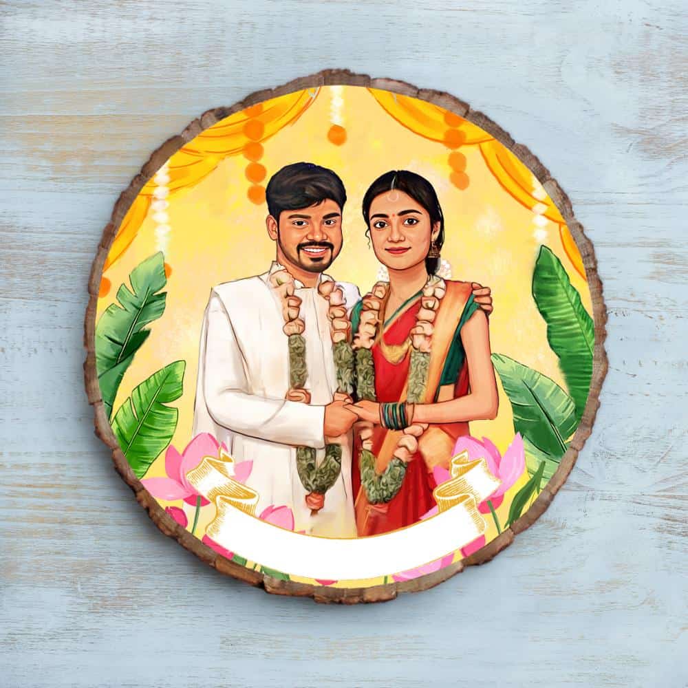 Handpainted Personalized Illustration Bark Nameplate - Wedding Couple - rangreli