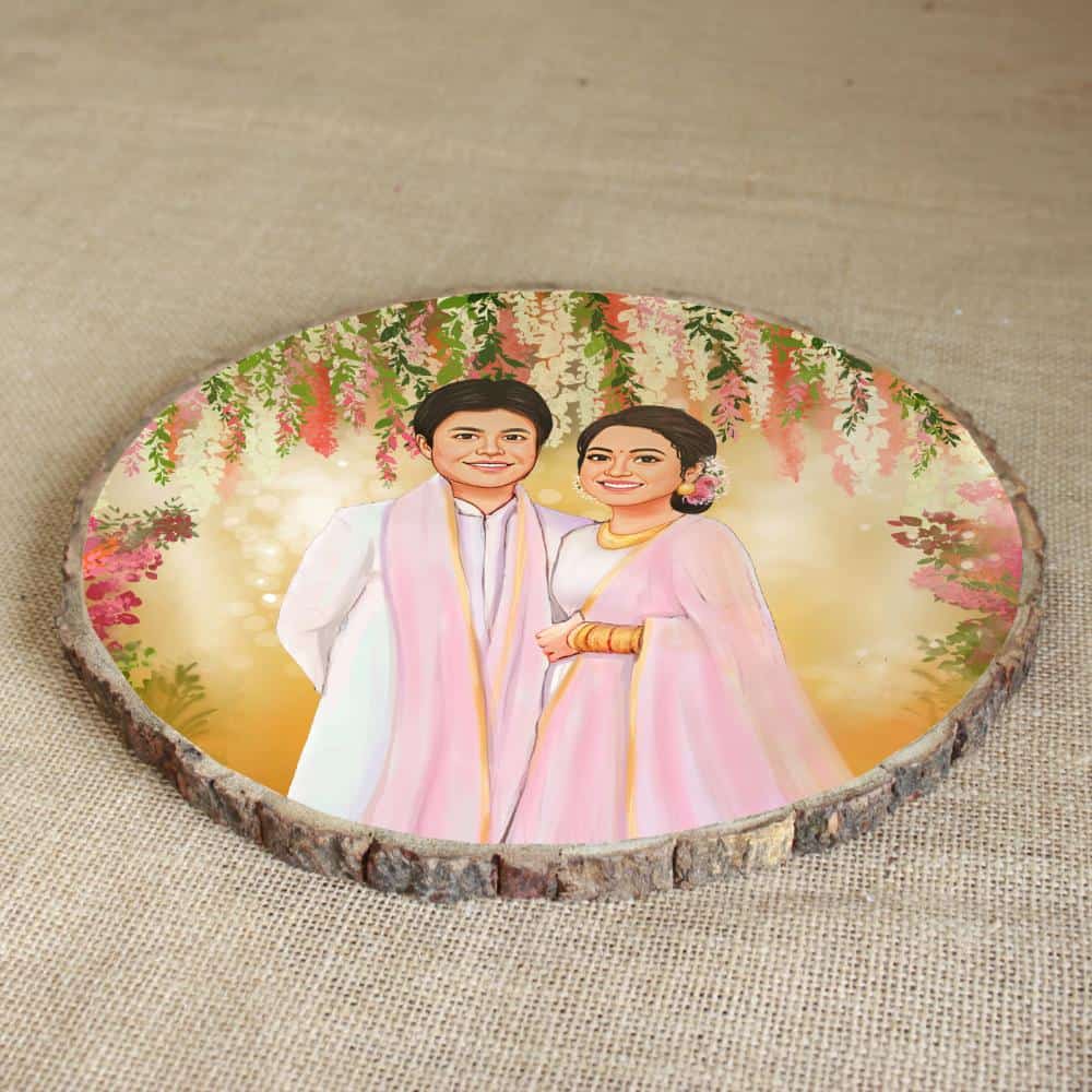 Handpainted Personalized Illustration Bark Nameplate - Wedding Couple1 - rangreli