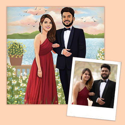 Rectangle Photo based Family Illustration Portrait - Handsome Couple By the Lake - rangreli