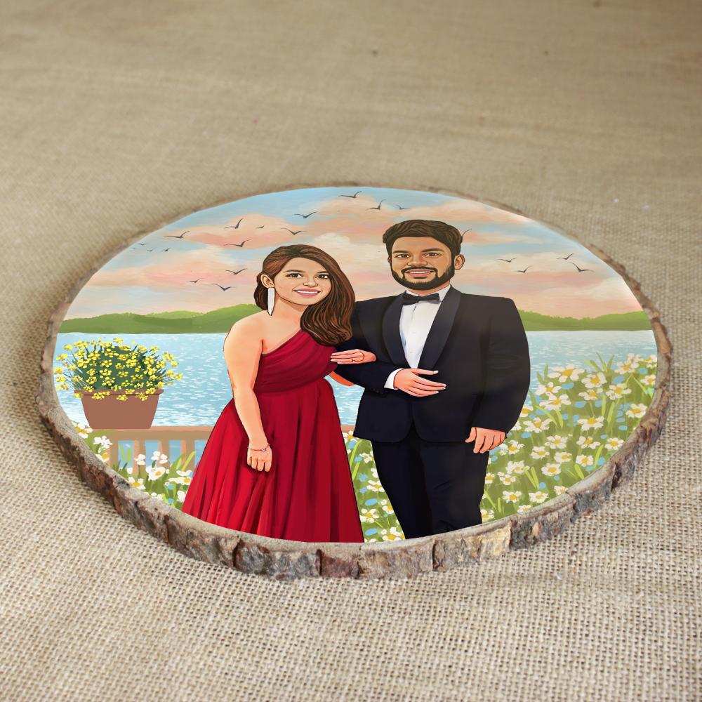 Handpainted Personalized Illustration Bark Nameplate - Couple Goal - rangreli