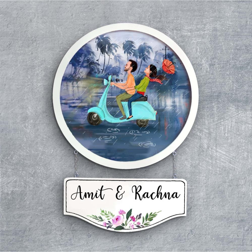 Handpainted Personalized Character Nameplate Couple in Rain- Full frame - rangreli