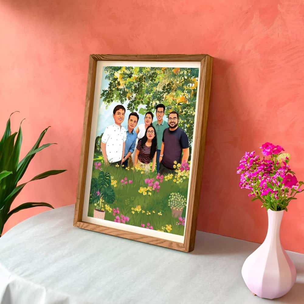 Rectangle Photo based Family Illustration Portrait - Family in the Garden - rangreli