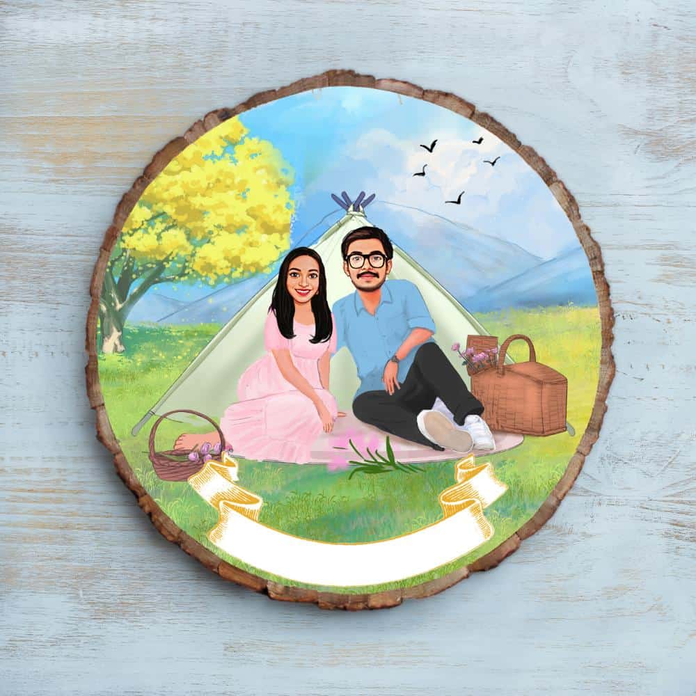 Handpainted Personalized Illustration Bark Nameplate - Holiday Couple 1 - rangreli