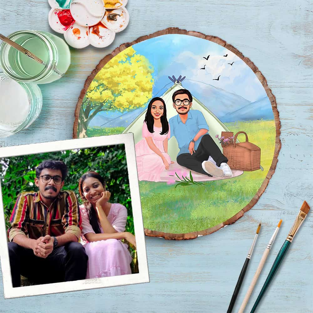 Handpainted Personalized Illustration Bark Nameplate - Holiday Couple 1 - rangreli