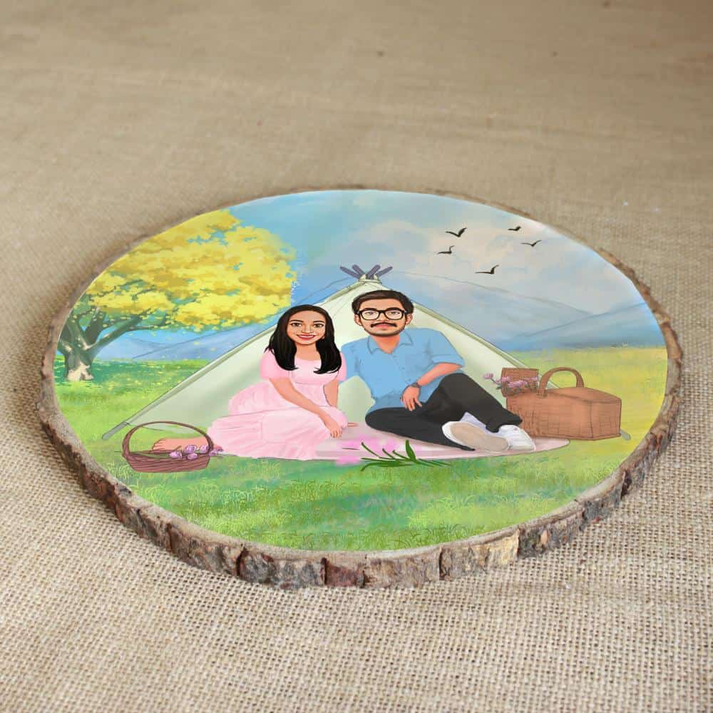 Handpainted Personalized Illustration Bark Nameplate - Holiday Couple 1 - rangreli