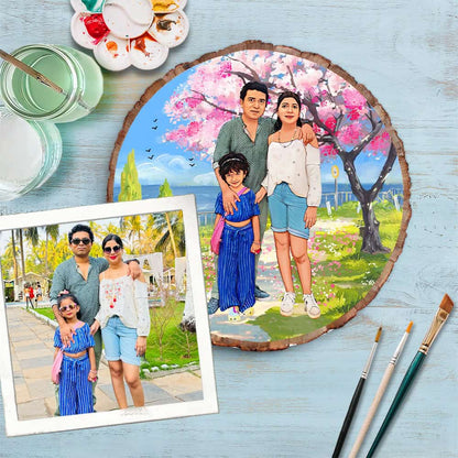 Handpainted Personalized Illustration Bark Nameplate - Family on Holiday - rangreli