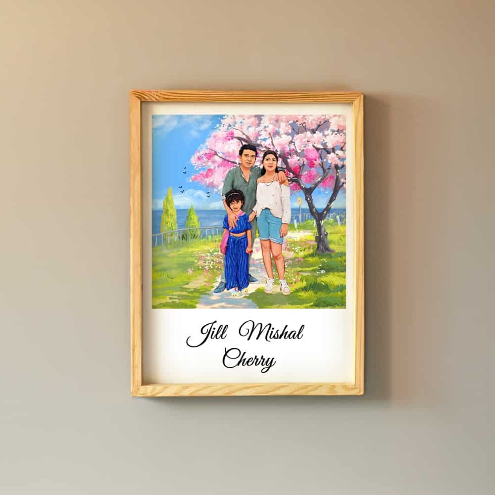 Rectangle Photo based Family Illustration Portrait -  Family under Cherry Blossom - rangreli