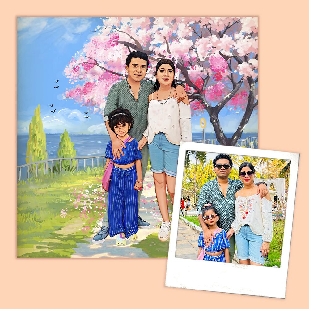 Rectangle Photo based Family Illustration Portrait -  Family under Cherry Blossom - rangreli